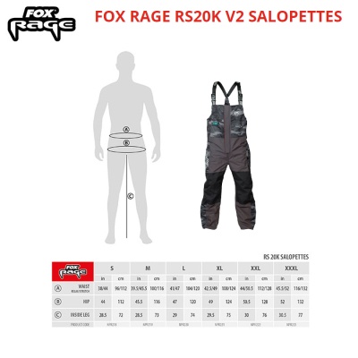 Fox Rage RS20K V2 Ripstop Salopettes | Size chart