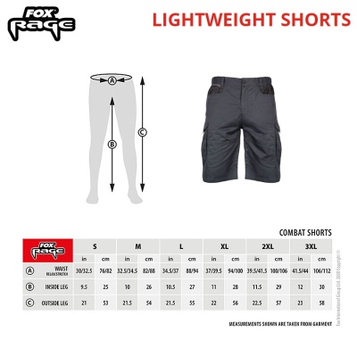  Fox Rage Lightweight Shorts | Size Chart