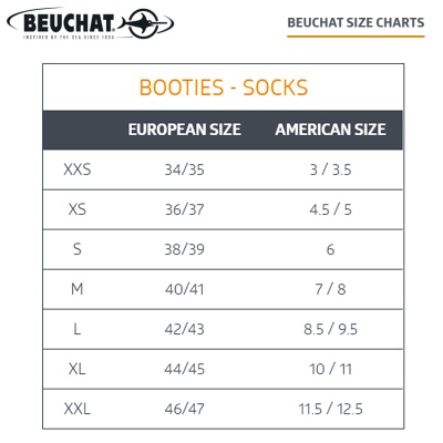 Beuchat Booties and Socks Size Chart
