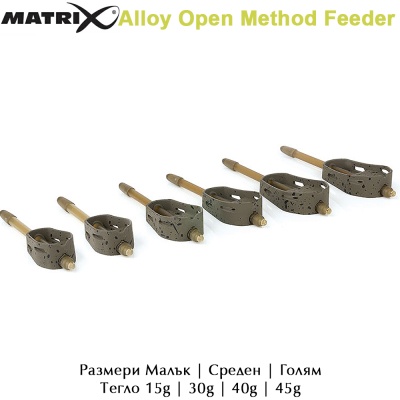 Фидер хранилки | Matrix Alloy Open Method Feeder | Размери, Тегло 15 - 45g | AkvaSport.com
