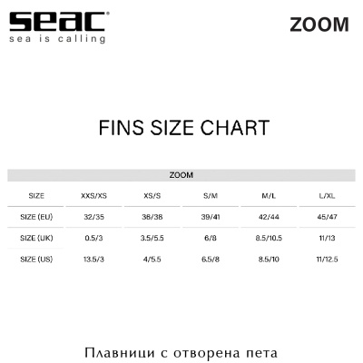 Seac Sub ZOOM Fins | Size Chart